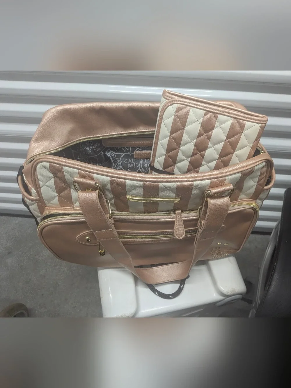 Betsey JOHNSON Rose Gold Quilted Stripe Tote  Diaper Bag with Matching Baby Mat